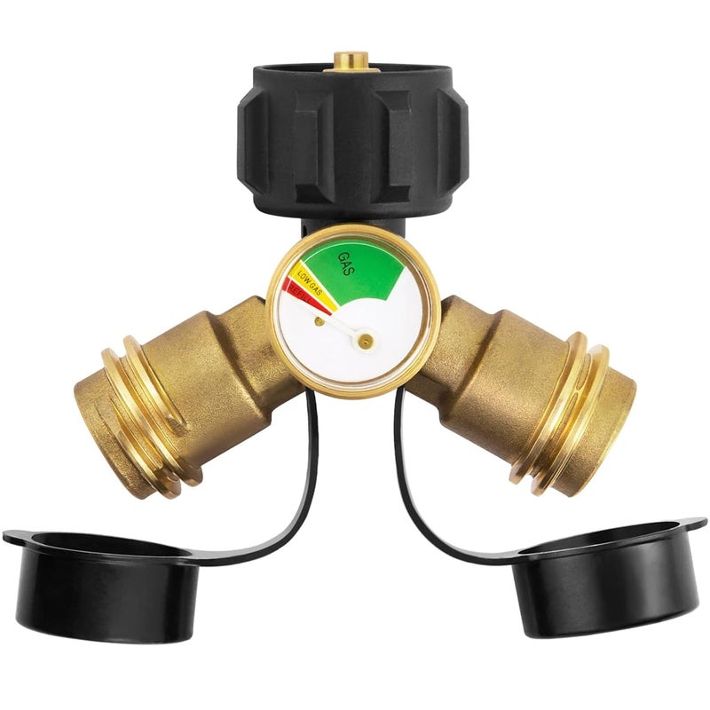 GASPRO Propane Splitter with Gauge, Propane Tank Splitter 2 Way for 5-20LB, Perfect for Heaters, Camping Stoves, BBQ Grills, Gas Burners and More - Image 1